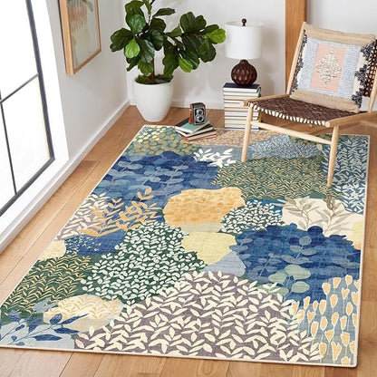 DEXDE Washable Area Rug 3x5 Low Pile Non-Slip Boho Small Carpet with Botanical Leaf Pattern, Soft Machine Washable Rug for Bedroom, Entryway, Living Room, Kitchen, Office, Blue