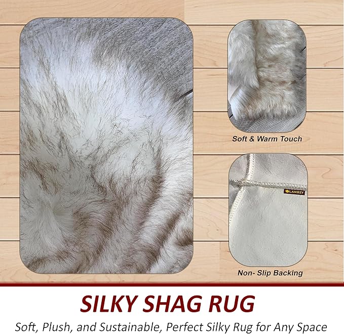 Free Shape Luxury Soft Fluffy Shag Area Rug Triple Side by Side 3'x6', 90x180cm - Vegan Fur Ultra Soft Indoor Carpet Nursery Rugs for Bedroom Home Decor, White with Brown Tips