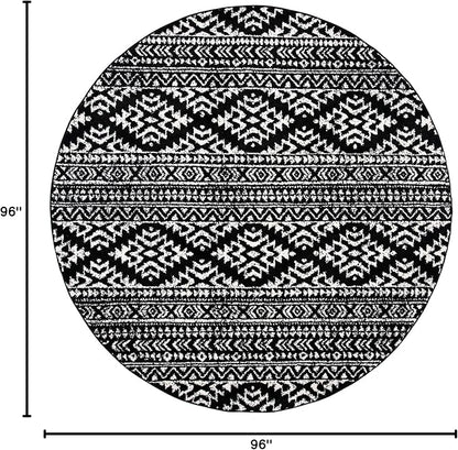 SAFAVIEH Tulum Collection Area Rug - 8' Round, Black & Ivory, Moroccan Boho Tribal Design, Non-Shedding & Easy to Clean, Ideal for Living Room, Bedroom, Dining Space (TUL272Z)