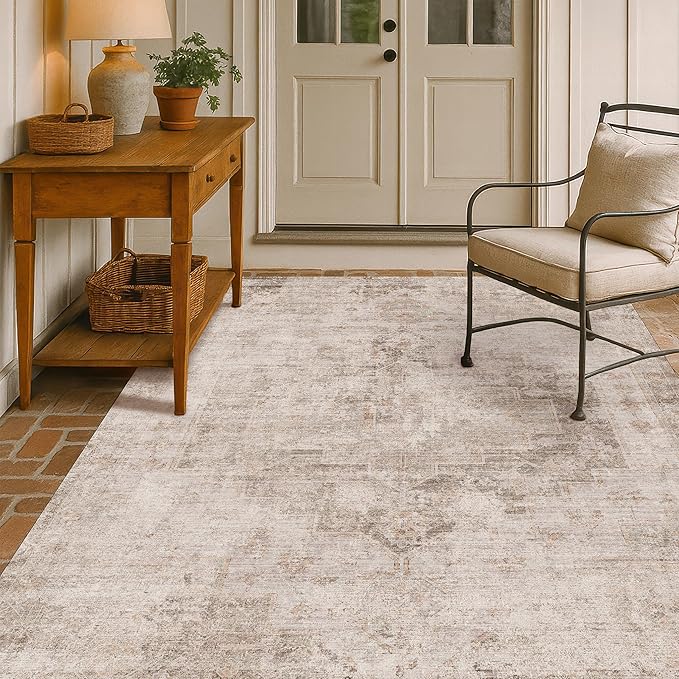 Distressed Farmhouse 5x7 Washable Rug for Living Room, Bedroom, Foyer, Under Dining Table, Neutral Abstract Medallion, Ultra Soft Faux Wool Non Slip Low Pile Stain Resistant, Beige & Brown