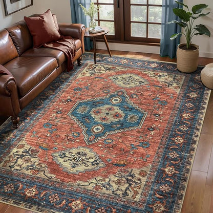 Tangsoo 3x5 Washable Rugs Oriental Area Rug, Vintage Non Slip Indoor Accent Rug, Print Distressed Terracotta Carpet, Soft Low Pile Rug for Living Room Dining Bedroom Bedside Entryway
