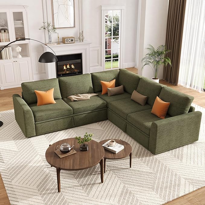 GarveeHome Sectional Sleeper Sofa with Pull Out Bed, Corduroy Modular Sectional Sofa U Shaped 7 Seat Couch with Pull Out Couch and Storage Seat & Ottoman, Convertible Couches for Living Room