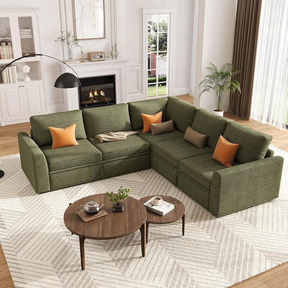 GarveeHome Sectional Sleeper Sofa with Pull Out Bed, Corduroy Modular Sectional Sofa U Shaped 7 Seat Couch with Pull Out Couch and Storage Seat & Ottoman, Convertible Couches for Living Room