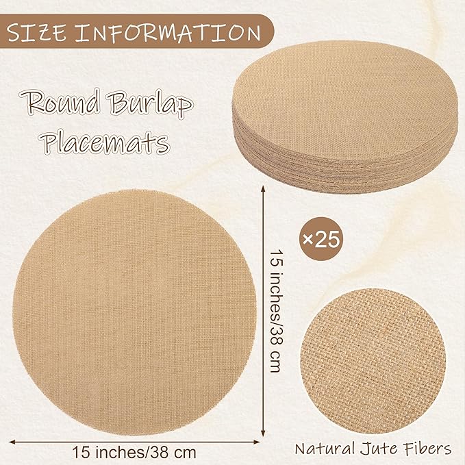 Kochorie 25 Pieces Burlap Placemats 15 Inch Round Reusable Brown Table Mats Natural Jute Fibers Placemats Bulk Circle Rustic Table Decorations for Dining Wedding Holiday Farmhouse Supplies