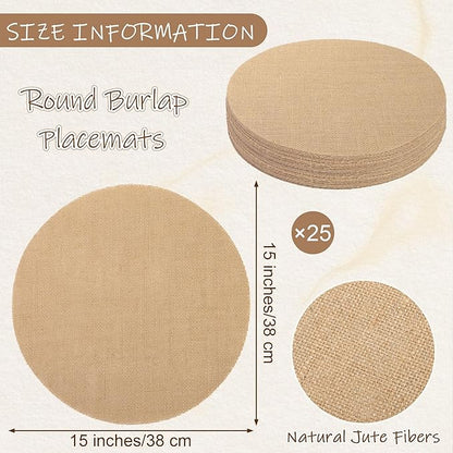 Kochorie 25 Pieces Burlap Placemats 15 Inch Round Reusable Brown Table Mats Natural Jute Fibers Placemats Bulk Circle Rustic Table Decorations for Dining Wedding Holiday Farmhouse Supplies