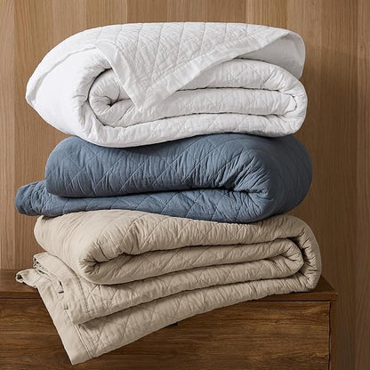 WDCOZY 100% Pre-Washed Cotton Queen Size Quilt Set - Dusty Blue Ruffle Box Soft Lightweight Bedspread, Textured Like Linen, Farmhouse Country Rustic Coverlet, Shabby Chic Gauze Bedding, 3 Pieces