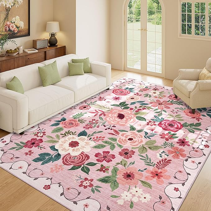 DUKINO 4x6 Area Rug, Floral Rugs for Living Room, Lightweight Non Slip Washable Rug, Indoor Low Pile & Non-Shedding Boho Design Rugs for Bedroom, Living Room, Dining Room, Pink