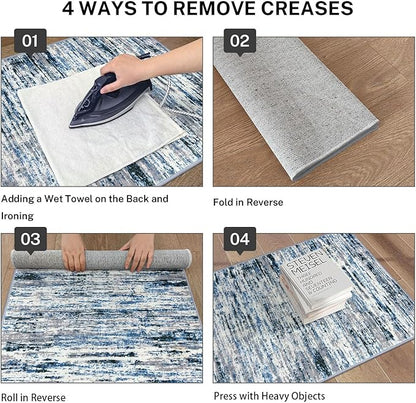 Modern Abstract Runner Rug 3x10, Grey Blue White Washable Kitchen Runner Non-Slip Soft Hallway Rug Runner Thin Print Faux Wool Carpet for Entryway Bedroom Laundry Room Indoor Home Office Decor