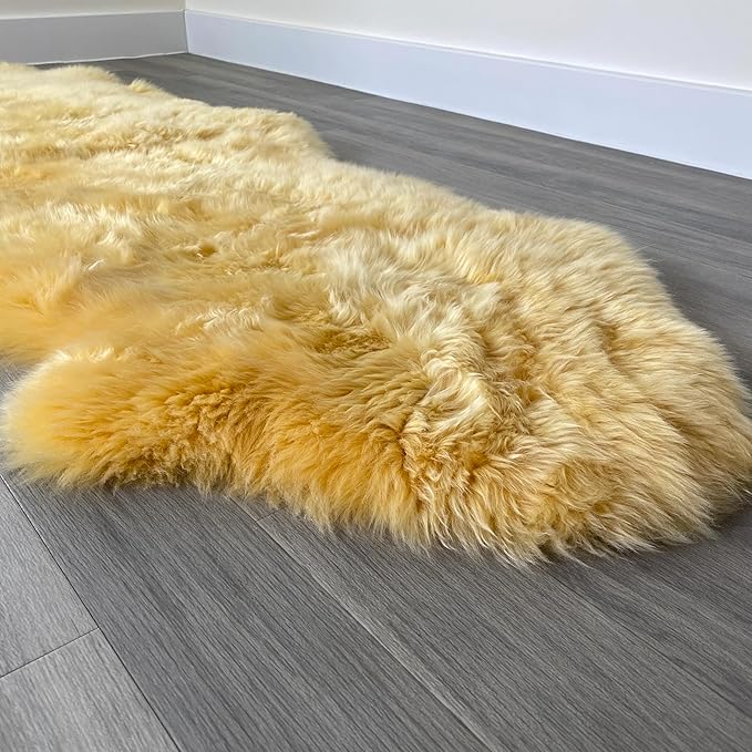 HUAHOO Premium Genuine Sheepskin Rug Real Australia Sheepskin Natural Lambskin Fur Area Rug Seat Covers for Kids Bedroom Sofa Chair Cover Pets Dogs Mat Double Pelt/2' x 3' Banana Yellow