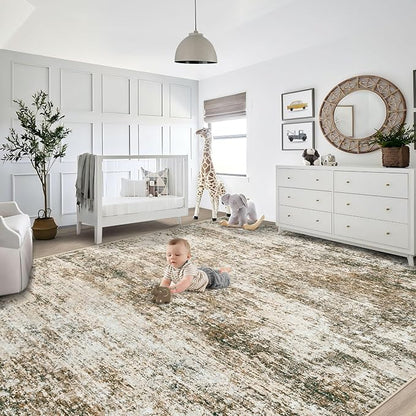 9x12 Area Rug for Living Room, Washable Modern Abstract Large Area Rug Neutral Soft Non Slip Kids Rug Stain Resistant Indoor Carpet for Bedroom Dining Room Playroom Home Office(Brown, 9'x12')