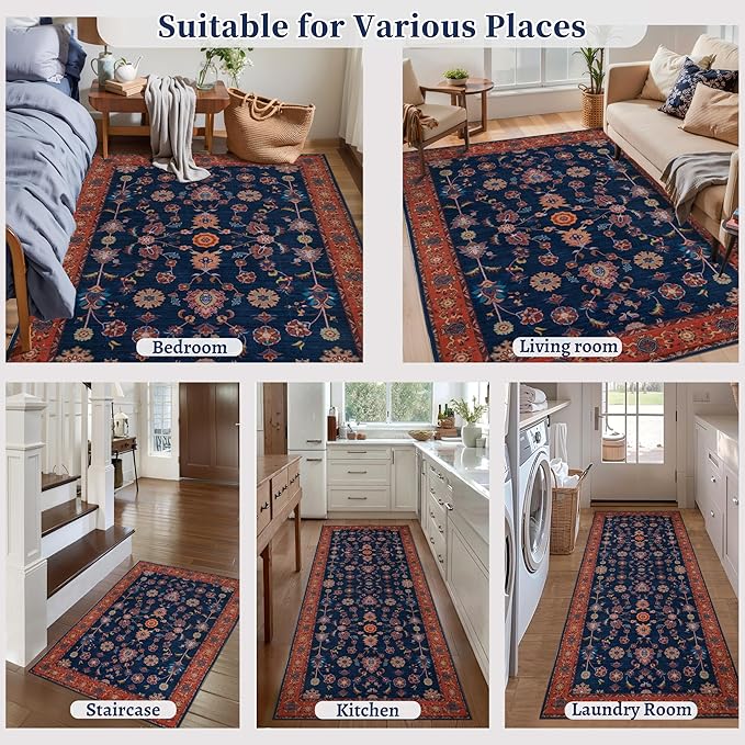 Tangsoo Washable Runner Rug for Hallway Non Slip, 2.6x8 Boho Floral Vintage Carpet Runner Rugs for Entryway, Floor Low Pile Runners for Kitchen Bathroom Laundry Bedroom Alfombra Red Blue Farmhouse