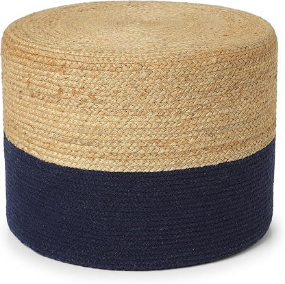 REDEARTH · Cylindrical Pouf Foot Stool Ottoman - Jute Braided Pouffe Poof Accent Sitting Footrest for Living Room, Bedroom, Nursery, Patio, Lounge & Other Rooms (Navy Natural, 18"X18"X14")