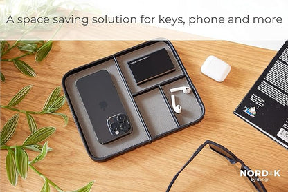 Nordik Leather Valet Tray - Pebble Black - 9.5 x 7.9 Inch Medium Vegan Leather Tray - Stylish Nightstand Organizer for Men - Modern Bedside Caddy - EDC Catchall for Key Watch Wallet Jewellery