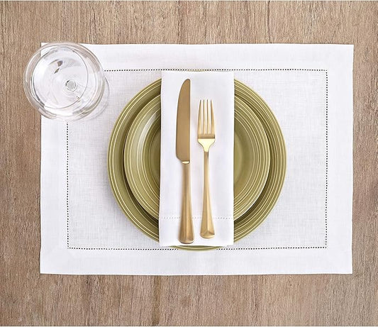 Solino Home Linen Cloth Placemats Set of 6-100% Pure Linen Hemstitch White Placemats 14 x 19 Inch - Classic Hemstitch Table Place Mats for Winter, Valentines, Holiday, New Year
