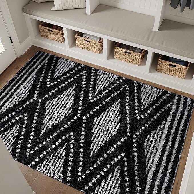 Rugshop Geometric Shag Area Rug Anthracite Dark Gray and White 4' x 6' Ideal for Small Living Rooms, Offices, or Beside The Bed