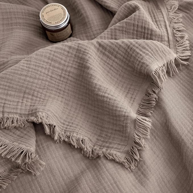 FOSSA Muslin Blanket with Fringe - 4-Layer 100% Cotton Gauze Super Soft & Breathable Throw -Lightweight Decorative Cooling Blanket for Bed, Sofa, Office (Pale Brown, Oversize Queen (98" × 98"))