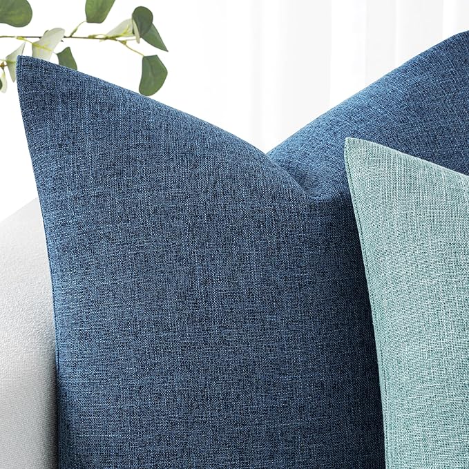 MIULEE 24x24 Inch Euro Linen Burlap Pillow Covers, Set of 2 Large Square Farmhouse Boho Decorative Pillows - Blue Home Decor for King Bed, Sofa, Couch, Bedroom,Livingroom