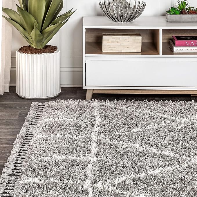 JONATHAN Y Mercer Shag Plush Tassel Gray/Ivory Indoor Area Rug, 3x5, Moroccan Geometric Trellis, Easy-Cleaning for Living Room, Bedroom, Kitchen, Pet Friendly, Non-Shedding (MCR101C-3)