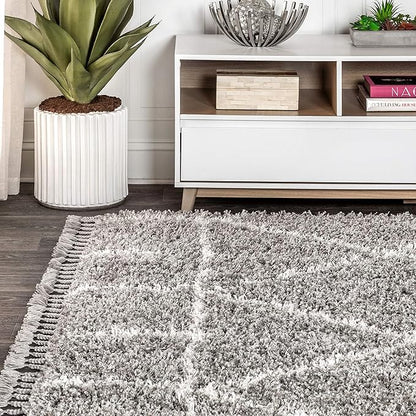 JONATHAN Y Mercer Shag Plush Tassel Gray/Ivory Indoor Area Rug, 3x5, Moroccan Geometric Trellis, Easy-Cleaning for Living Room, Bedroom, Kitchen, Pet Friendly, Non-Shedding (MCR101C-3)