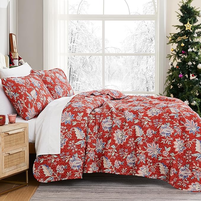Southshore Fine Living, Inc. Oversized Full/Queen Quilt Bedding Set, Jacobean Willow Floral Quilt Set Queen or Full Size with 2 Matching Pillow Shams, Lightweight Bedspread, Soft and Cozy, Red