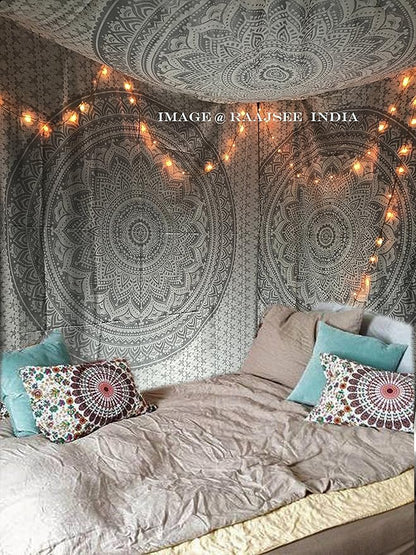 raajsee Metallic Silver Tapestry Grey Mandala Wall Hangings, Indian cotton Beach Throw Blanket, Hippie Tapestries Boho Decor,Twin Bedspread 52x82 inches Yoga Mat Rugs