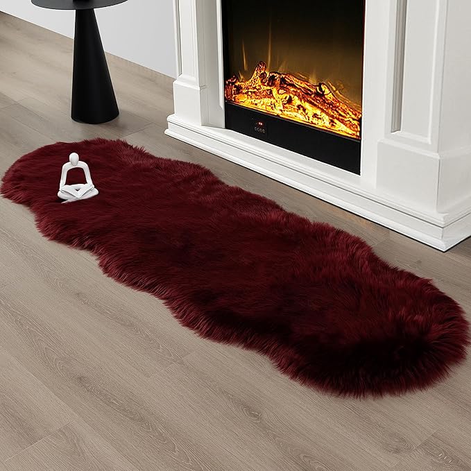 Faux Fur Rug Runner 2x6 ft Burgundy - Machine Washable Super Soft Plush Shaggy Fluffy Area Carpet,Sheepskin Rug Fuzzy Floor Mat for Bedroom, Sofa,Living Room, Bedside, Nursery & Kids Room