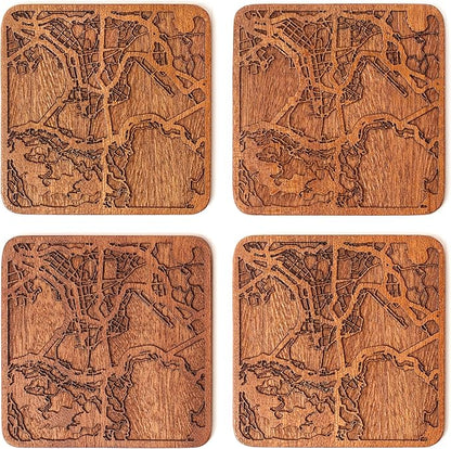 Hong Kong Map Coaster by O3 Design Studio, Set Of 4, Sapele Wooden Coaster With City Map, Handmade