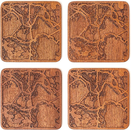 Hong Kong Map Coaster by O3 Design Studio, Set Of 4, Sapele Wooden Coaster With City Map, Handmade