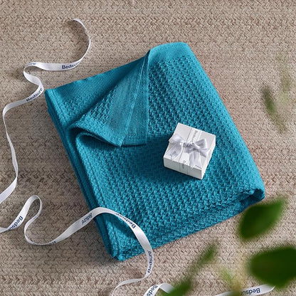 Bedsure Gentlesoft 100% Cotton Blanket Queen Size for Bed - Breathable and Soft, Thick Cozy Waffle Weave Christmas Blanket Gift for Women, Teal, 90x90 Inches