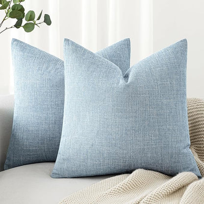 MIULEE Pack of 2 Decorative Linen Burlap Textured Pillow Covers Farmhouse Boho Accent Pillowcases Spring Coastal Home Decor for Couch Sofa Bedroom Living Room 16x16 Inch Light Blue