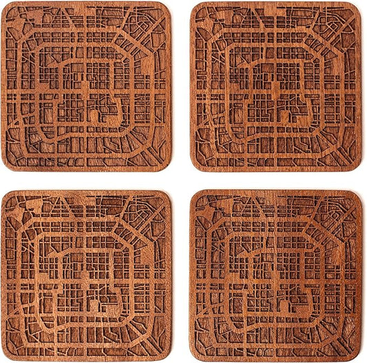 Beijing Map Coaster by O3 Design Studio, Set Of 4, Sapele Wooden Coaster With City Map, Handmade