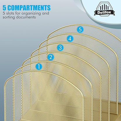Inclined Desk File Organizer, 5-Section Vertical File Folder Holder Stand Metal Rack File Sorter for Office Classroom Desktop Organization (Gold, 1Pack)