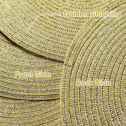 AHHFSMEI Round Braided Placemats 15 Inch Round Table Mats for Dining Tables Natural Woven Heat Resistant Place mats Set of 6 (Gold Shine)