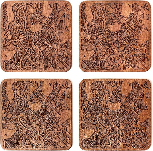Rome Map Coaster by O3 Design Studio, Set Of 4, Sapele Wooden Coaster With City Map, Handmade