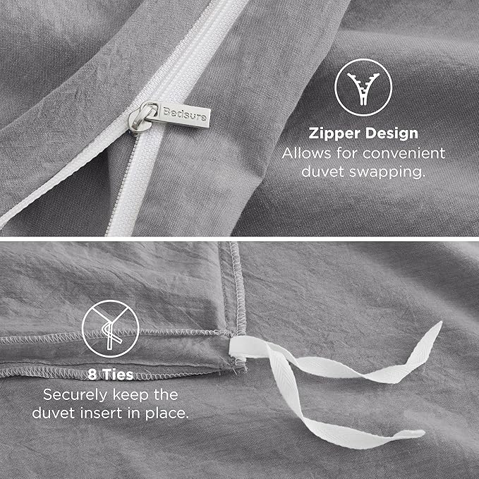 Bedsure 100% Washed Cotton Duvet Cover King Size - Grey Minimalist Cotton Duvet Cover Linen Like for All Seasons - GentleSoft™ Plain Simple Bedding, 3 Pieces (Grey, King, 104"x90")