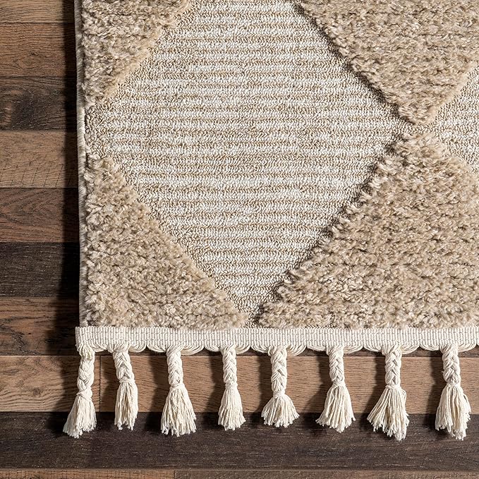 Nuloom Marissa Beige/Ivory, 2'6" x 14', Diamond, Tassel, Soft and Cozy, High Traffic, Stain Resistant, Easy Clean, Durable Runner for Bedroom, Living Room, Dining Space, Den, Foyer, Entryway