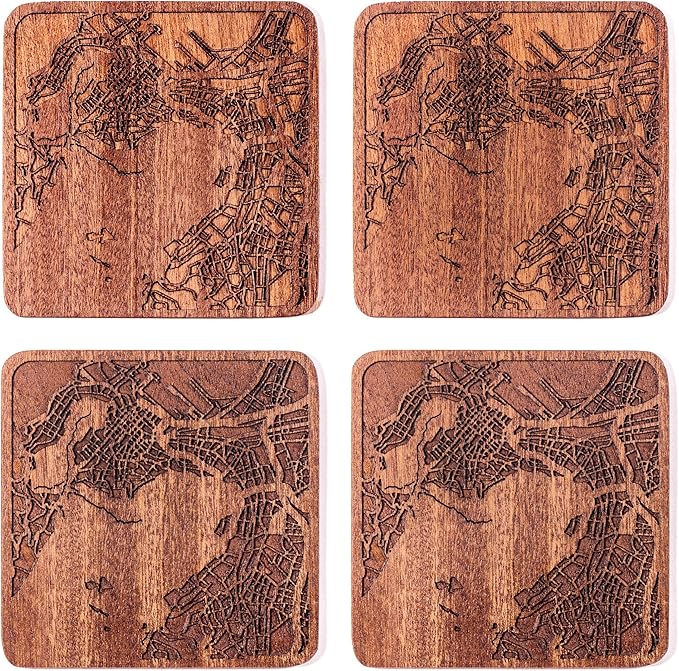 Cape Town Map Coaster by O3 Design Studio, Set Of 4, Sapele Wooden Coaster With City Map, Handmade