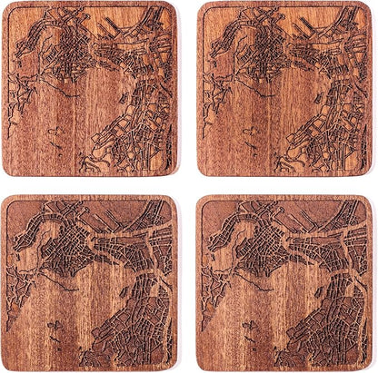 Cape Town Map Coaster by O3 Design Studio, Set Of 4, Sapele Wooden Coaster With City Map, Handmade