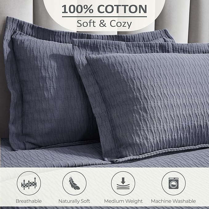 Superior 3 Piece Cotton Bedspread Set, Home Decor, Decorative Bed Spread, 2 Pillow Shams, Medium Weight Blanket, Matelasse Coverlet, Bedding Essentials, Calvert Collection, California King, Denim Blue