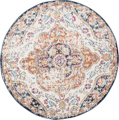 Rugshop Vintage Distressed Bohemian Area Rug for Living Room,Bedroom,Dining Room – Vibrant Multi-Color Tribal Design, 6'6" Round