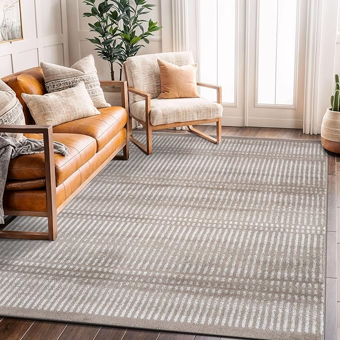 Rugshop Contemporary Stripe Lines High Traffic Living Room,Bedroom,Kitchen, Home Office High Traffic Living Room,Bedroom,Kitchen, Home Office Area Rug 5' x 7' Beige