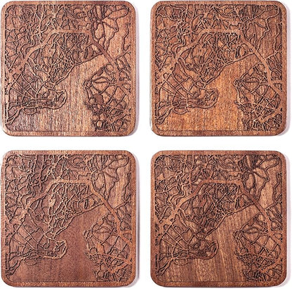 Istanbul Map Coaster by O3 Design Studio, Set Of 4, Sapele Wooden Coaster With City Map, Handmade