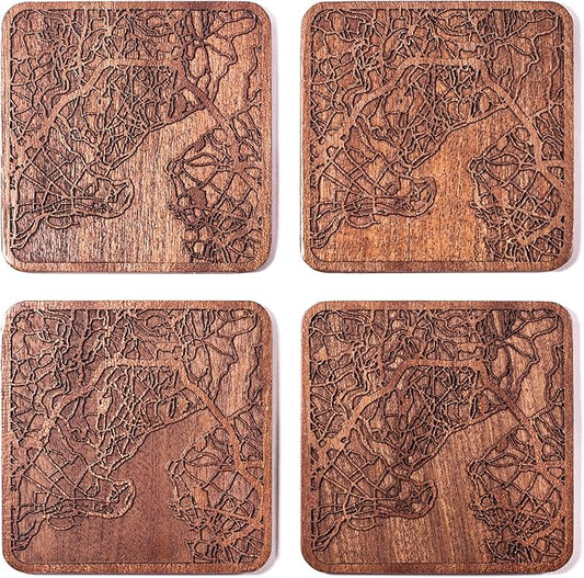 Istanbul Map Coaster by O3 Design Studio, Set Of 4, Sapele Wooden Coaster With City Map, Handmade