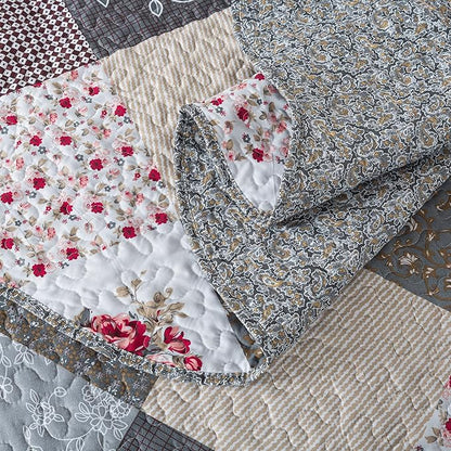 HoneiLife Queen Size Quilt Set - 3 Pieces - Grey Border Microfiber Bedding Set - Lightweight, Reversible Coverlets, Floral Bedding - All Season Quilts