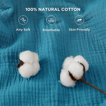 Bedsure 100% Cotton Muslin Blanket Queen Size for Bed - 4-Layer Breathable and Lightweight Thin Soft Summer Gauze Muslin Blankets for Adults, Teal, 90x90 Inches