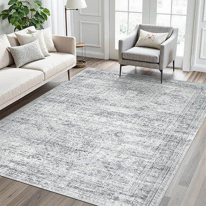 5x7 Area Rugs Gray Low Pile Indoor Washable Trendy Faded Style Rugs for Bedroom Living Room Dining Room Foldable Non-Slip Thin Grey Print Mat