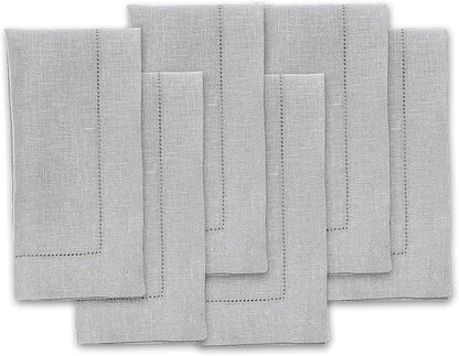 Solino Home Linen Napkins Set of 6 - Classic Hemstitch 100% Pure Linen Soft Grey Dinner Napkins Cloth 20 x 20 Inch for Winter, New Year - Handcrafted and Machine Washable
