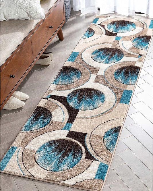 Well Woven Ruby Geometric 2x7 Runner Blue & Grey Vibrant Modern Contemporary Hand Carved Sunburst Design Perfect for Hallways & Entryways Plush Easy-Care Easy-to-Clean