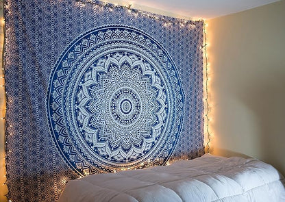 raajsee Indian Cotton Aqua Blue Tapestry Mandala Wall Hangings- Tapestry For Bedroom - Indie Wall Tapestry Hippie Room Decor - Boho Small Tapestrys Aesthetic 30x40 Inch