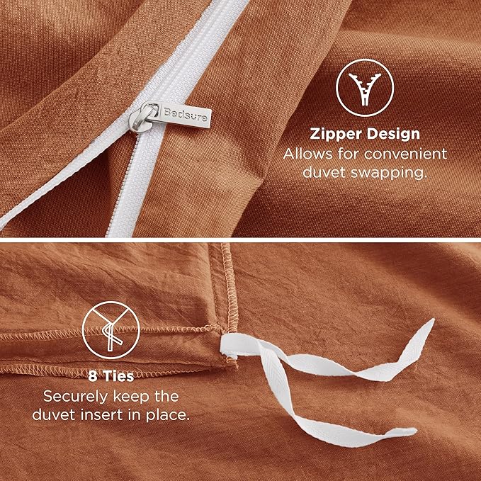 Bedsure 100% Washed Cotton Duvet Cover Queen Size - Burnt Orange Minimalist Cotton Duvet Cover Linen Like for All Seasons - GentleSoft™ Plain Simple Bedding (Burnt Orange, Queen, 90"x90")